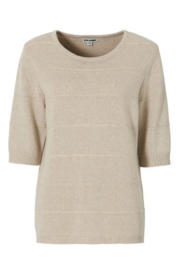 Hellbeiges Damenpullover mit kurzen Ärmeln, runder Ausschnitt, gerade geschnitten, feinstrickmuster, gerippte Bündchen an Ärmeln und Saum