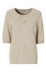 Hellbeiges Damenpullover mit kurzen Ärmeln, runder Ausschnitt, gerade geschnitten, feinstrickmuster, gerippte Bündchen an Ärmeln und Saum