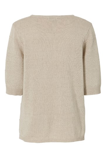 Beiger Pullover ohne Muster, halblange Ärmel, Rundhalsausschnitt, gerader Schnitt, Rückansicht