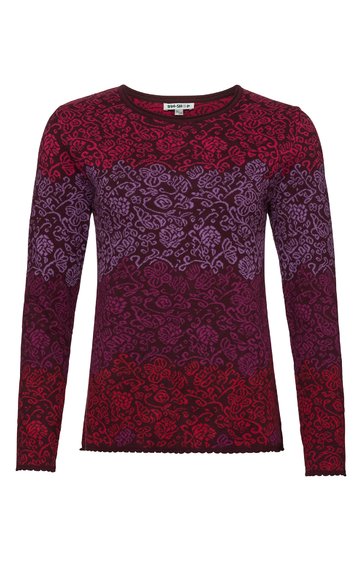 Langärmliger Pullover in Rot- und Violetttönen, floral gemustert, Rundhalsausschnitt, gerade geschnitten, keine sichtbaren Verschlüsse oder Verzierungen