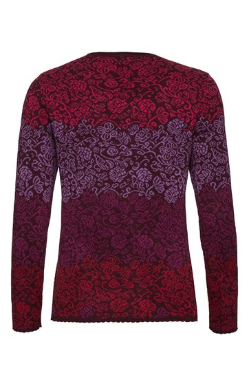 Langärmliges Damenoberteil in Dunkelrot und Violett, florales Muster, gerader Schnitt, Rundhalsausschnitt, leichte Rippstruktur