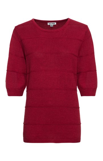 Rotes Kurzarmshirt mit feinem Streifenmuster, rundem Ausschnitt, leichte Puffärmel, gerade geschnitten