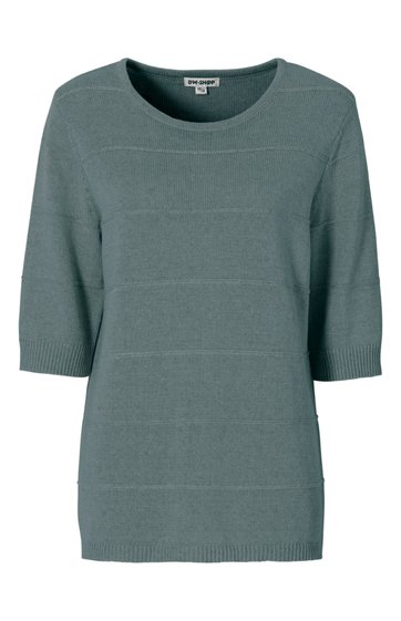 Pullover in gedämpftem grün, unifarben, mit rundem Ausschnitt, halblangen Ärmeln, gerippten Bündchen an Ärmeln und Saum, gerade geschnitten
