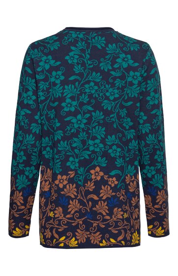 Langärmeliges T-Shirt mit dunkelblauem Grundton, florales Muster in türkisgrün und orange, rundhals, gerader Schnitt, Rückansicht