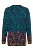 Langärmeliges T-Shirt mit dunkelblauem Grundton, florales Muster in türkisgrün und orange, rundhals, gerader Schnitt, Rückansicht