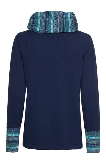 Dunkelblaue Damenjacke mit langen Ärmeln, Kapuze mit türkisem Muster, Ärmelenden mit türkisem Muster, gerade geschnitten, Rückansicht