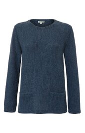 Dunkelblauer Pullover mit Rundhalsausschnitt, langärmlig, gerade geschnittener Saum, zwei aufgesetzte Taschen vorne