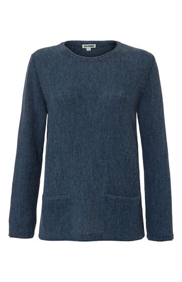 Dunkelblauer Pullover mit Rundhalsausschnitt, langärmlig, gerade geschnittener Saum, zwei aufgesetzte Taschen vorne