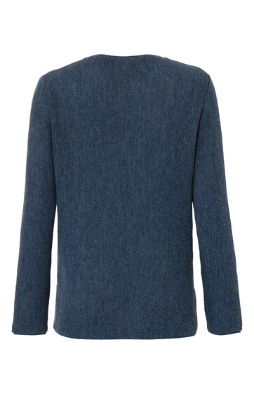 Dunkelblauer Pullover ohne Muster, lange Ärmel, rundhalsausschnitt, gerade geschnittener Rücken, keine sichtbaren Verzierungen