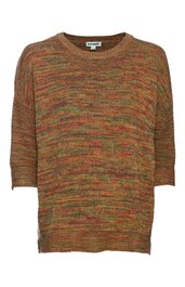 Pullover in Melange-Optik mit Braun- und Orangetönen, rundem Ausschnitt, 3/4-langen Ärmeln, gerade geschnitten, locker sitzend