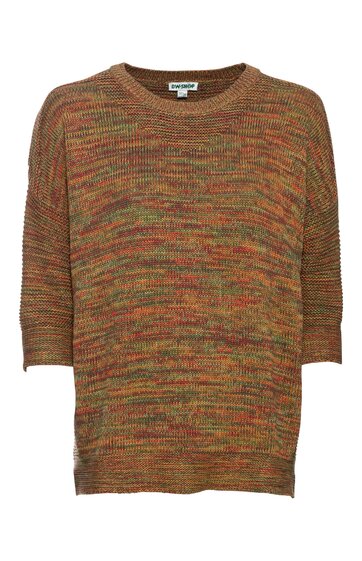 Pullover in Melange-Optik mit Braun- und Orangetönen, rundem Ausschnitt, 3/4-langen Ärmeln, gerade geschnitten, locker sitzend