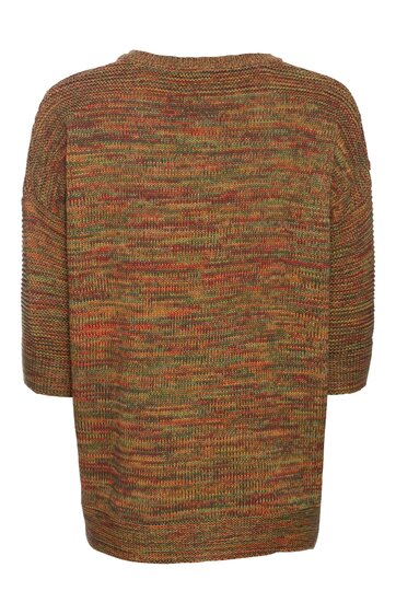 Pullover in Braun mit Melierung in Rot und Grün, gerade geschnitten, Rundhalsausschnitt, lange Ärmel, unifarben gemustert