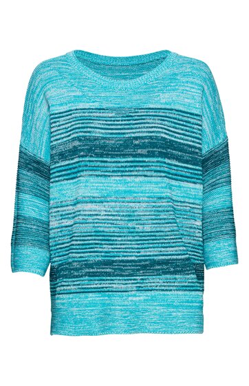 Damenpullover türkis mit unterschiedlichen Blautönen, horizontale Streifen, Rundhalsausschnitt, lange Ärmel, gerade geschnitten