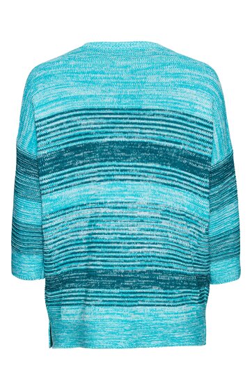 Pullover in türkis und dunkelgrün mit horizontalem Streifenmuster, rundem Halsausschnitt, lange Ärmel, gerade geschnitten, ausgebreitet gezeigt, Rückansicht