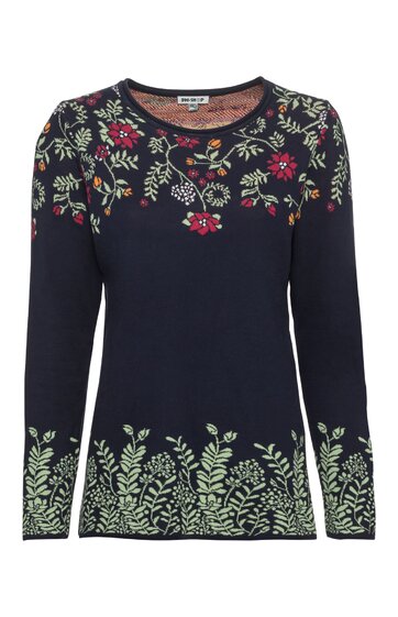 Dunkelblaues Langarmshirt mit Rundhalsausschnitt, florales Muster mit roten und weißen Blumen über Brustbereich, Ärmeln und Saum, gerade geschnitten