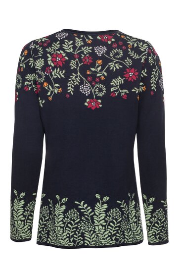 Dunkelblauer Pullover mit floralem Muster in Rot, Weiß und Grün, rundem Halsausschnitt, lange Ärmel, bestickt mit Blumen oben und entlang der Saumkanten
