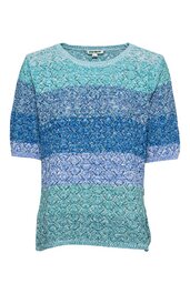 Kurzärmeliges Damenpullover in Blautönen, horizontale Streifen in verschiedenen Blauschattierungen, Rundhalsausschnitt, feines Strickmuster, gerade geschnitten