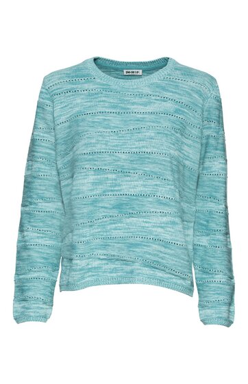 Hellblauer Pullover mit weißem Wellenmuster, Rundhalsausschnitt, lange Ärmel, lockere Passform