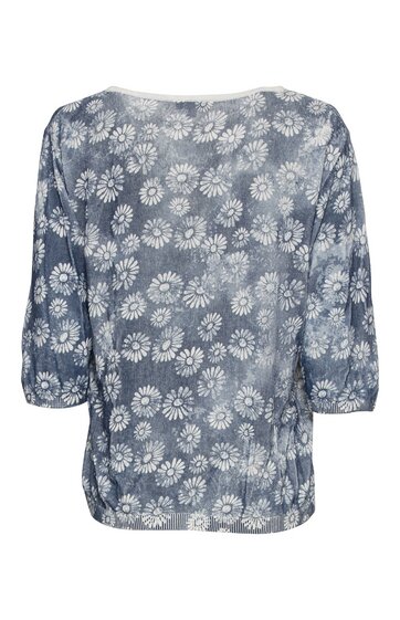 Blaues Damenoberteil mit weißen Gänseblümchen, dreiviertellange Ärmel, Rundhalsausschnitt, lockere Form, Rückenansicht