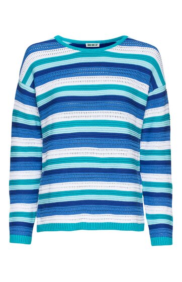 Pullover in Blau- und Türkistönen mit horizontalen Streifen, Rundhalsausschnitt, lange Ärmel, gerade geschnitten