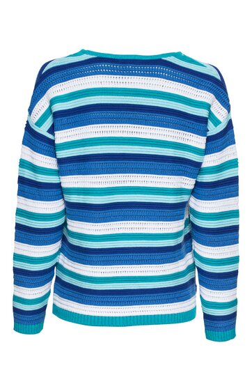 Pullover in Blau-, Weiß- und Türkistönen, horizontal gestreift, Rundhalsausschnitt, lange Ärmel, gerader Schnitt