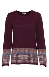 Dunkelrotes Langarmshirt mit rundem Ausschnitt, geometrischem Muster in Orange, Blau und Weiß an Saum und Ärmelenden, gerade geschnitten