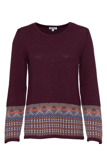 Dunkelrotes Langarmshirt mit rundem Ausschnitt, geometrischem Muster in Orange, Blau und Weiß an Saum und Ärmelenden, gerade geschnitten