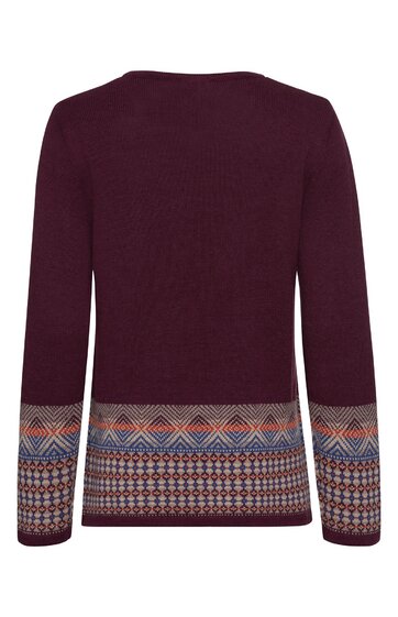 Damenpullover dunkelrot mit gemusterten Bündchen in Blau, Weiß und Braun, Rundhals, lange Ärmel, gerade geschnitten