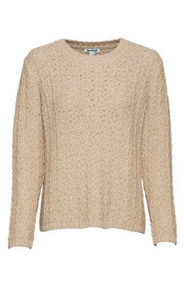 Beiger Rundhalspullover mit Zopfmuster, lange Ärmel, gerade geschnitten