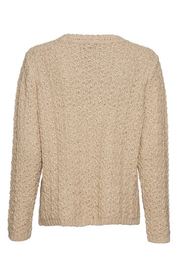 Beiger Pullover mit längeren Ärmeln, rundem Kragen, strukturierter Strickoptik, gerade geschnitten, Rückansicht