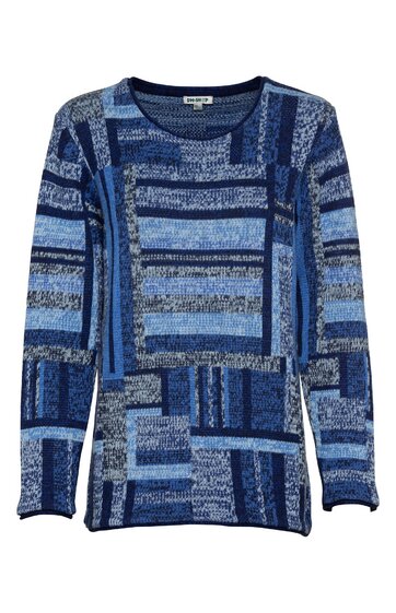 Langärmliges Shirt in Blautönen mit abstraktem Patchwork-Muster, Rundhalsausschnitt, gerade geschnitten, flache Nähte