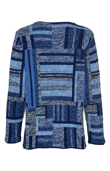 Langärmliger Pullover mit geometrischem Muster in verschiedenen Blautönen und Grau, Rundhalsausschnitt, gerade Form, Rückansicht