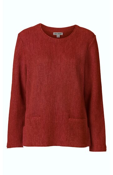 Rostrotes Langarmshirt ohne Muster, rundhalsig, gerade geschnitten, mit zwei angedeuteten Taschen vorne, schlichte Form, flach liegender Saum