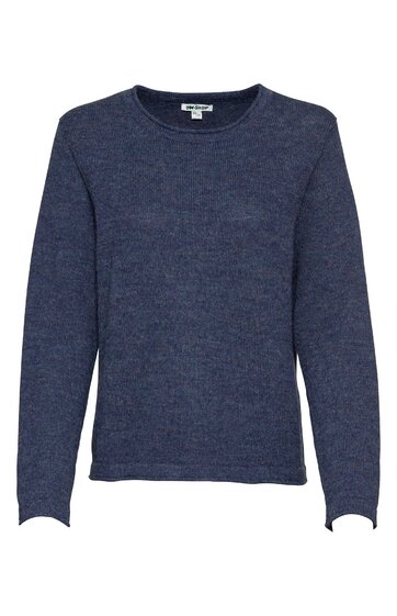 Dunkelblauer Pullover, unifarben, mit Rundhalsausschnitt, lange Ärmel, gerade geschnitten