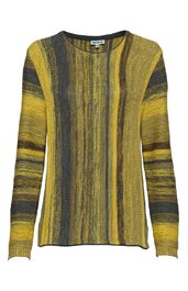 Langärmliger Pullover in Gelbtönen mit braunen und schwarzen Streifen, Rundhalsausschnitt, gerader Schnitt, feines Strickmuster
