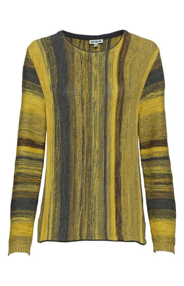 Langärmliger Pullover in Gelbtönen mit braunen und schwarzen Streifen, Rundhalsausschnitt, gerader Schnitt, feines Strickmuster