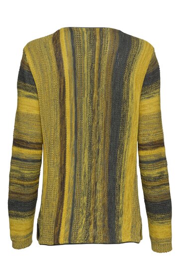 Langärmeliges Strickoberteil in Senfgelb und Dunkelgrau, gestreift, gerader Schnitt, Rundhalsausschnitt, Rückenansicht
