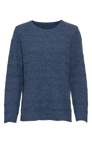 Pullover, dunkelblau meliert, ohne Muster, Rundhalsausschnitt, lange Ärmel, gerade Form