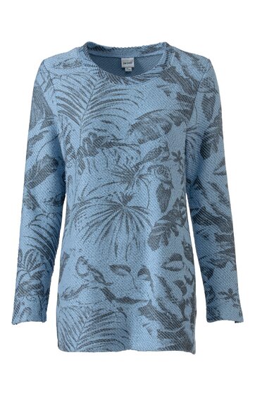 Hellblaues Langarmshirt mit dunkelblauem Blatt- und Blumenmuster, Rundhalsausschnitt, gerade geschnitten, leichter Seitenschlitz unten