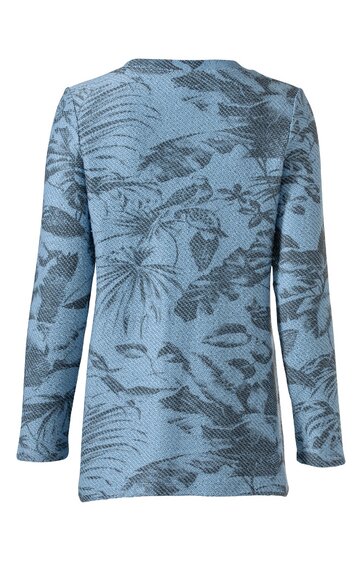Hellblauer Pullover mit dunkelblauem floralem Muster, langärmlig, Rundhalsausschnitt, gerade geschnitten, Rückansicht