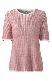 Strickpullover in Hellrot mit weißem Streifenmuster, Rundhalsausschnitt, halblange Ärmel, gerader Saum, weiße Saumabschlüsse an Ärmeln und unterer Kante