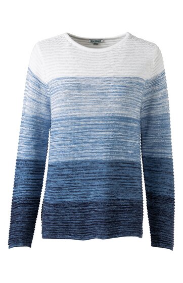 Langärmliger Pullover in Weiß und verschiedenen Blautönen, horizontal gestreift, Rundhalsausschnitt, gerade geschnitten, kein sichtbarer Verschluss