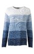Langärmliger Pullover in Weiß und verschiedenen Blautönen, horizontal gestreift, Rundhalsausschnitt, gerade geschnitten, kein sichtbarer Verschluss