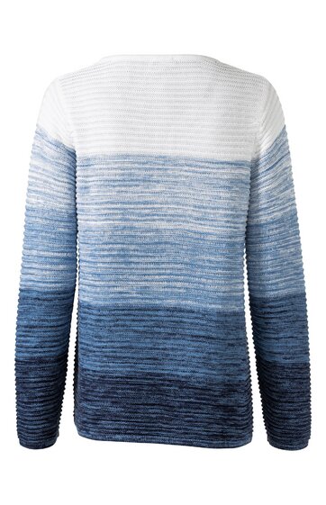 Langärmliger Pullover mit horizontalem Farbverlauf von weiß zu dunkelblau, gestreiftes Muster, Rundhalsausschnitt, gerade geschnitten