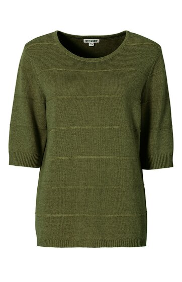 Olivgrünes Kurzarm-Pullover-Oberteil mit rundem Ausschnitt, leichte Querstreifenstruktur, gerippte Bündchen an Ärmeln und Saum, lässige Passform
