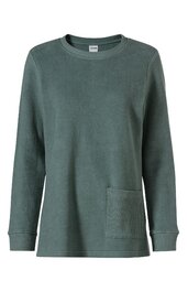 Dunkelgrünes Langarmshirt ohne Muster, Rundhalsausschnitt, gerade geschnitten, mit einer aufgesetzten Tasche vorne rechts, gerippte Ärmelbündchen