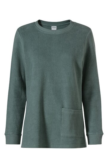 Dunkelgrünes Langarmshirt ohne Muster, Rundhalsausschnitt, gerade geschnitten, mit einer aufgesetzten Tasche vorne rechts, gerippte Ärmelbündchen