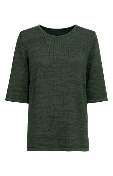 Dunkelgrünes T-Shirt mit feinem Streifenmuster, halblangen Ärmeln, Rundhalsausschnitt, gerade geschnitten