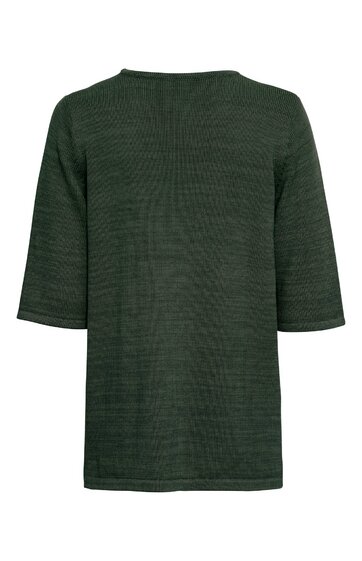 Dunkelgrünes kurzärmeliges Shirt ohne Muster, gerader Schnitt, Rundhalsausschnitt, hinten dargestellt