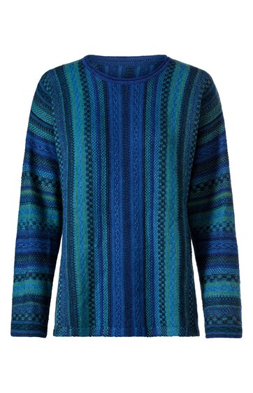 Langärmliges Herrenpullover in Blautönen mit vertikalen Streifen in Mustermix, runder Ausschnitt, gerade Form